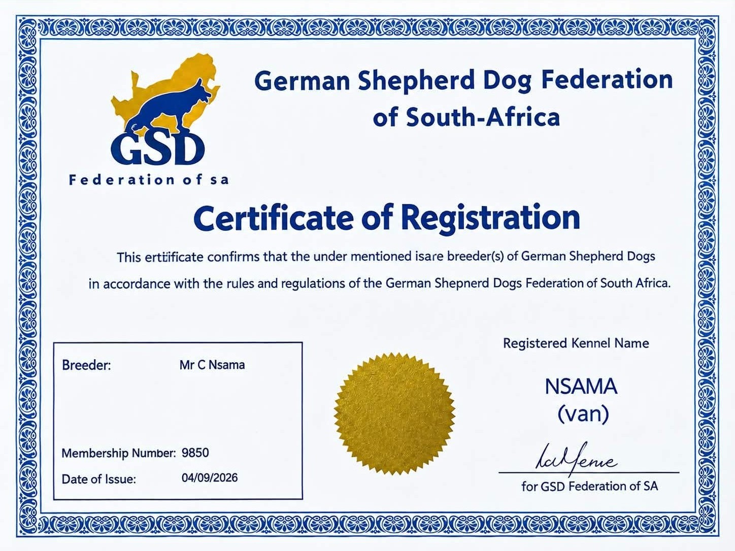 German Shepherd Dog Federation of South Africa certificate for Mr C Nsama, kennel NSAMA (van)